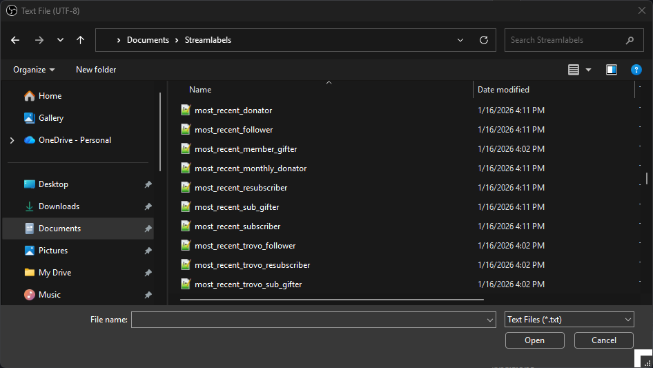 Text file selectin in OBS